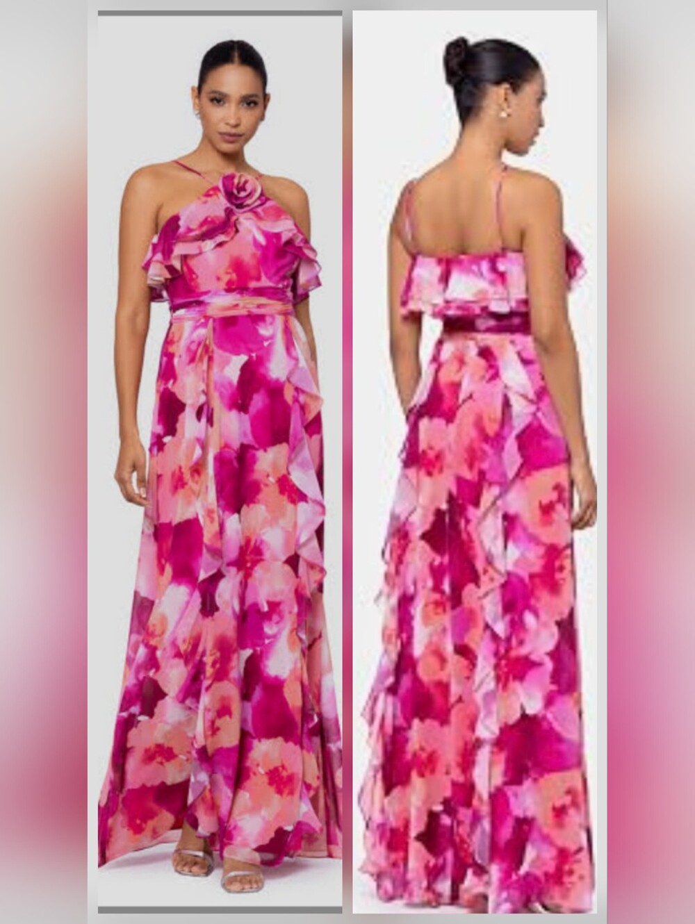 XSCAPE Floral-Print Rosette Halter Gown Size 6